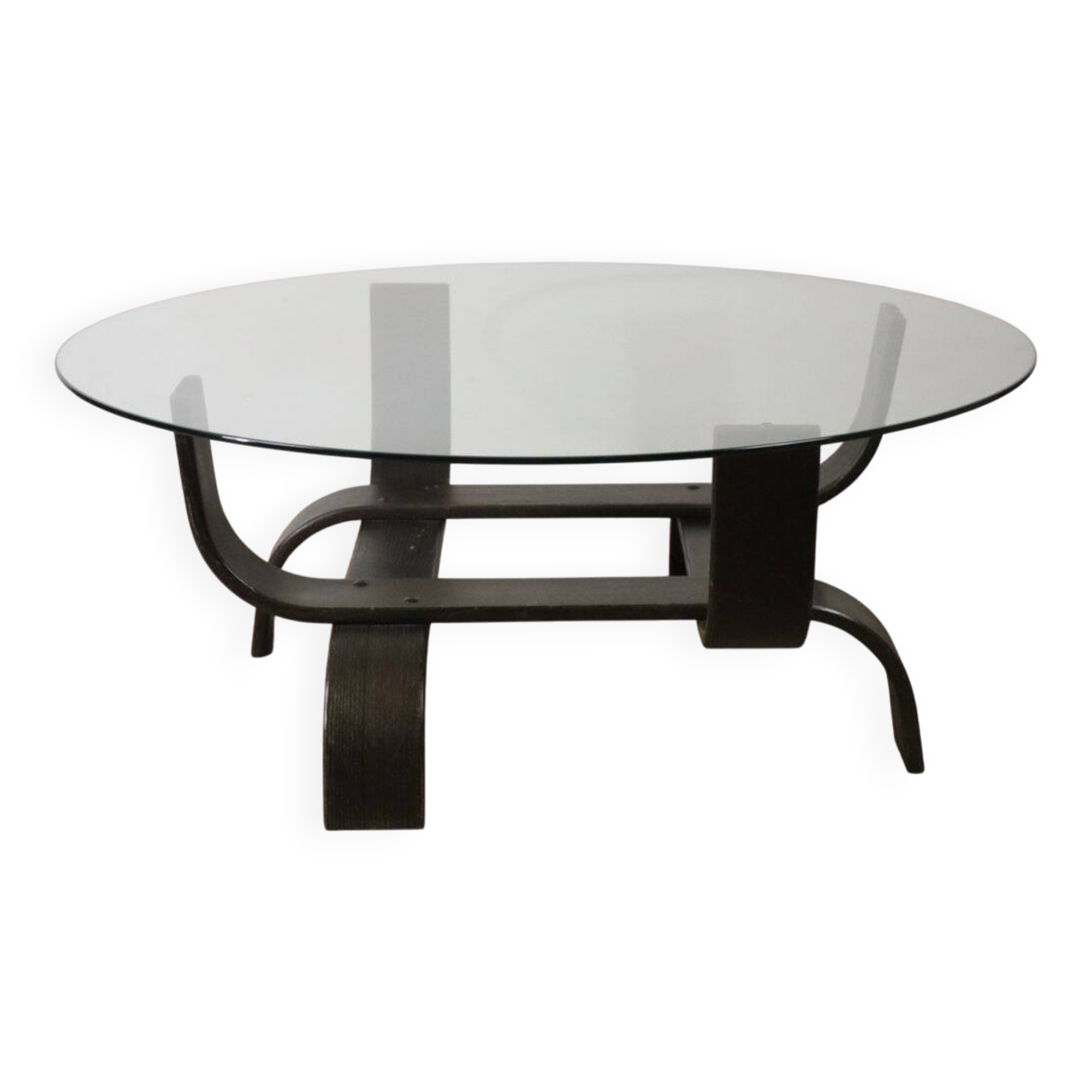 Vintage Fubo edition coffee table in curved wood and glass, 1970