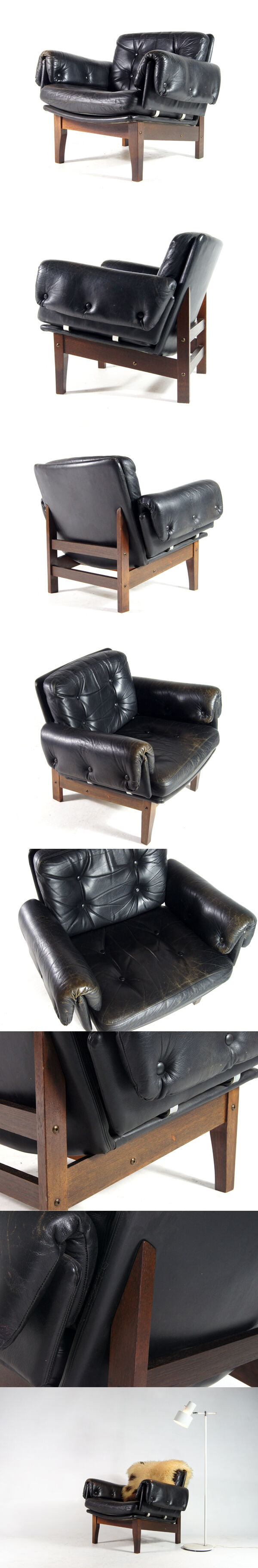 Danish teak & black leather armchair 50s