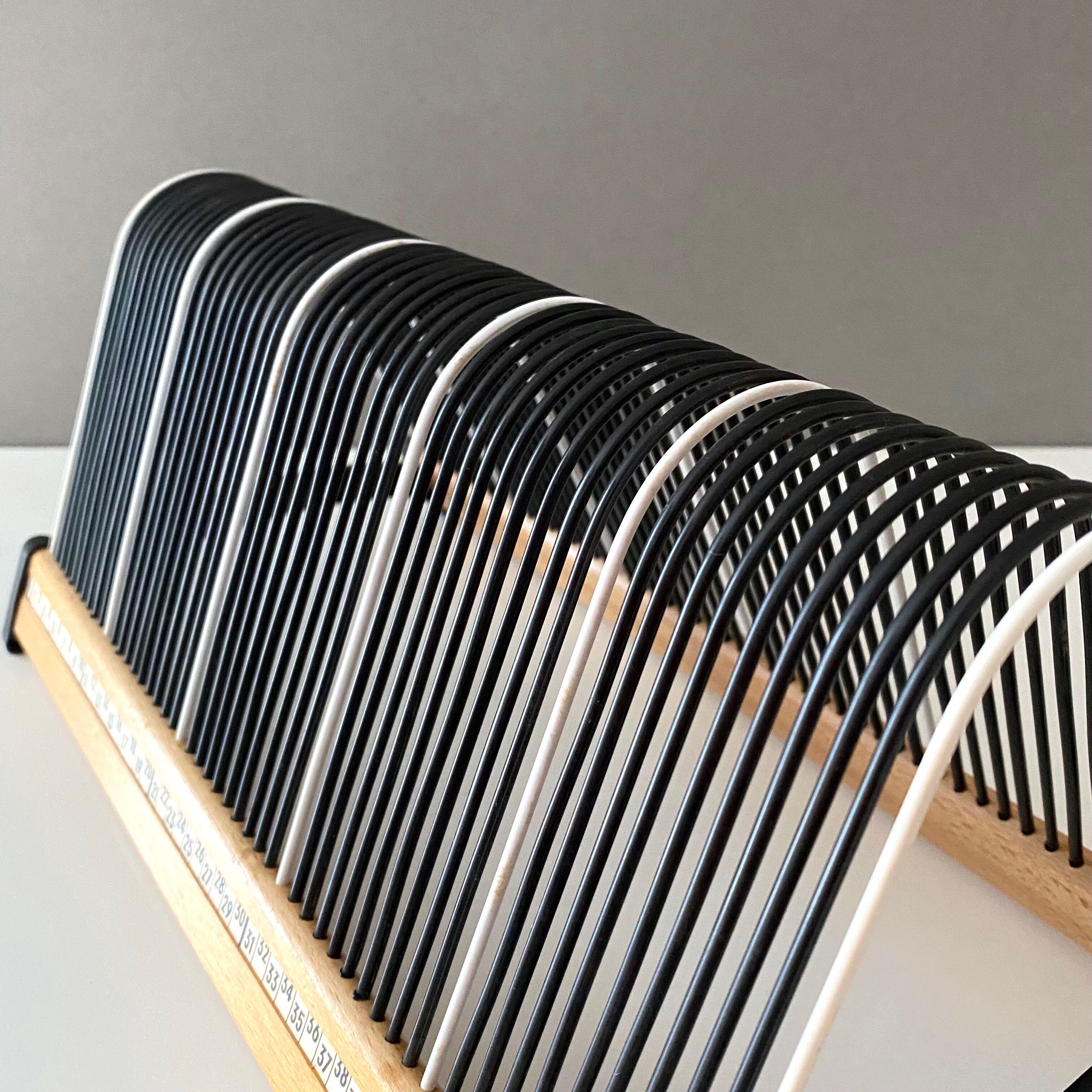 Vintage record stand, vinyl record holder, Plattofix Germany, black white, 50 records
