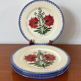 set of 4 floral dinner plates, pink and blue, made in France, 1950