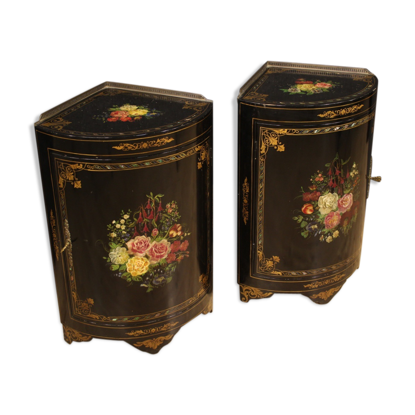 Pair of lacquered and painted French corner cabinets