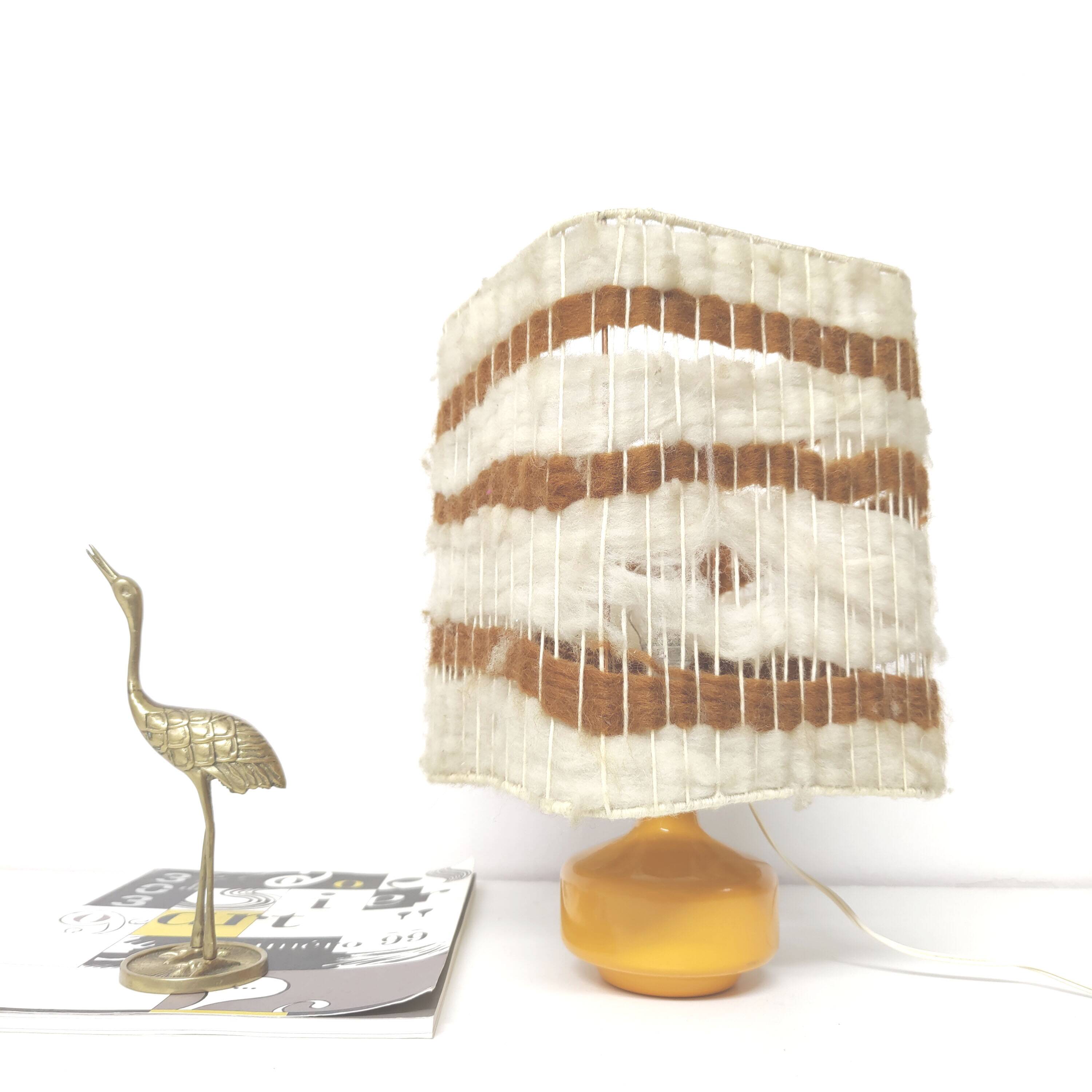 Orange ceramic lamp with vintage wool lampshade from the 70s