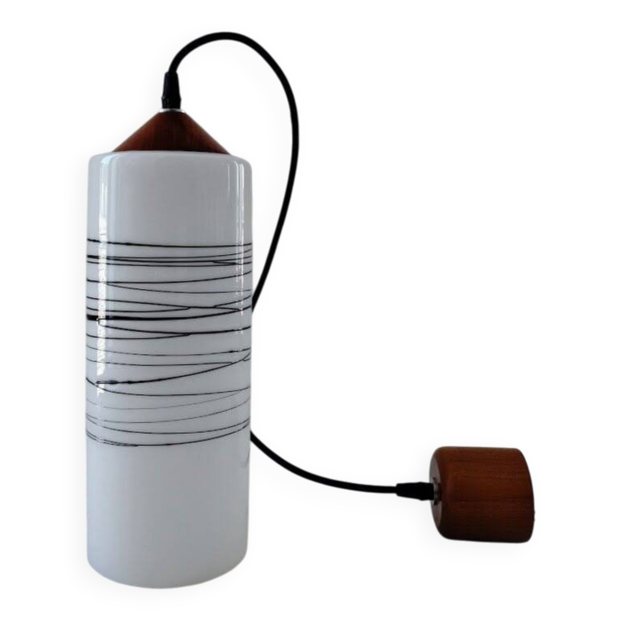 Suspension cylindrique en opaline zébré verre et teck vernis