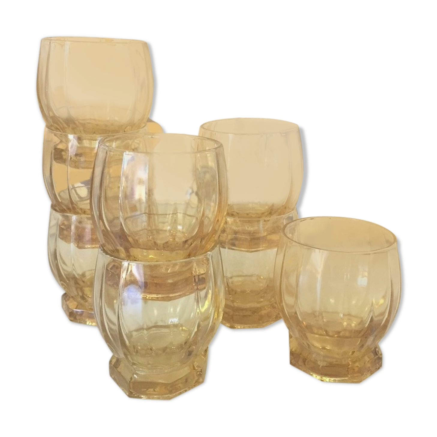 8 old amber-cut glass glasses