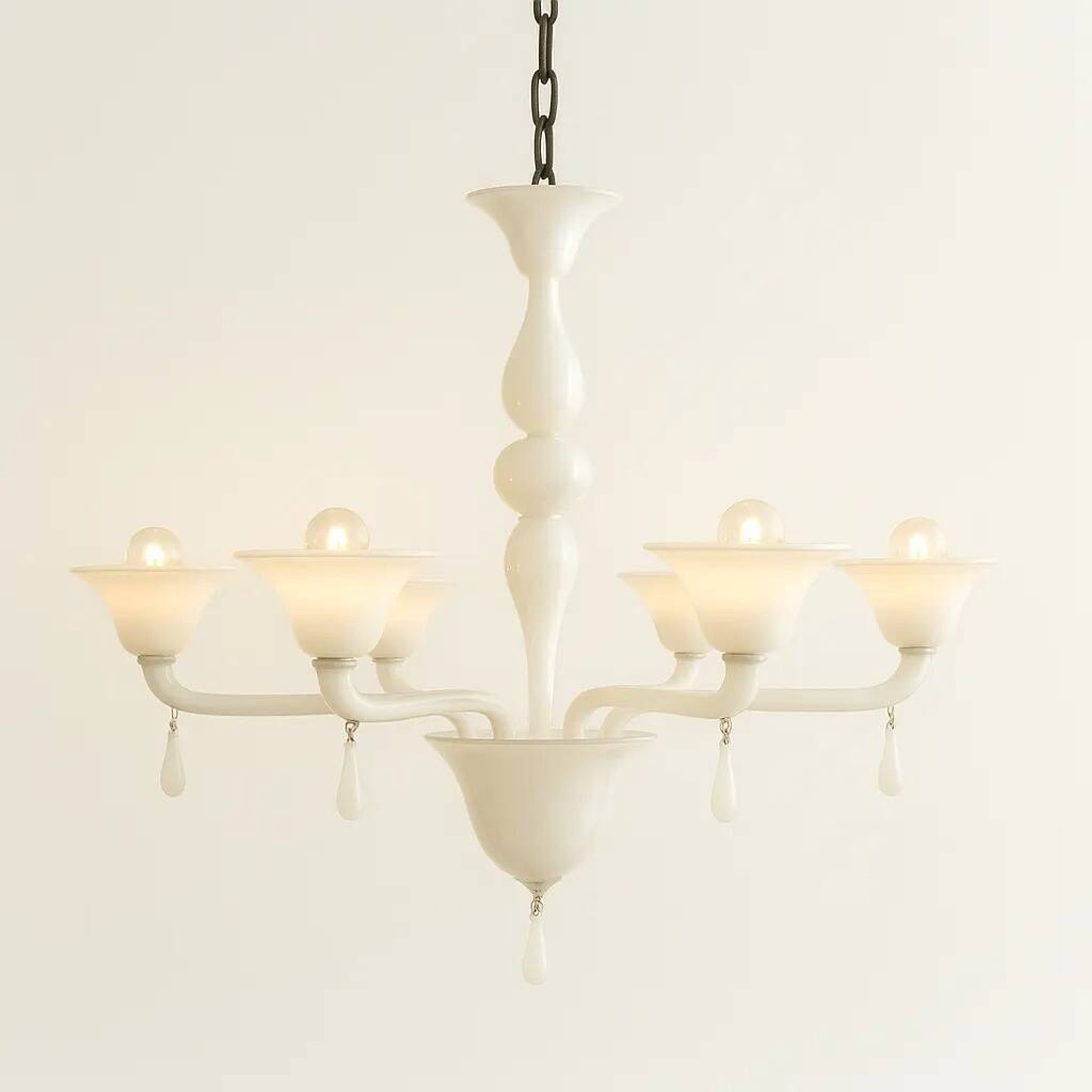 Contemporary Italian 6 Arms White Murano Glass Chandelier