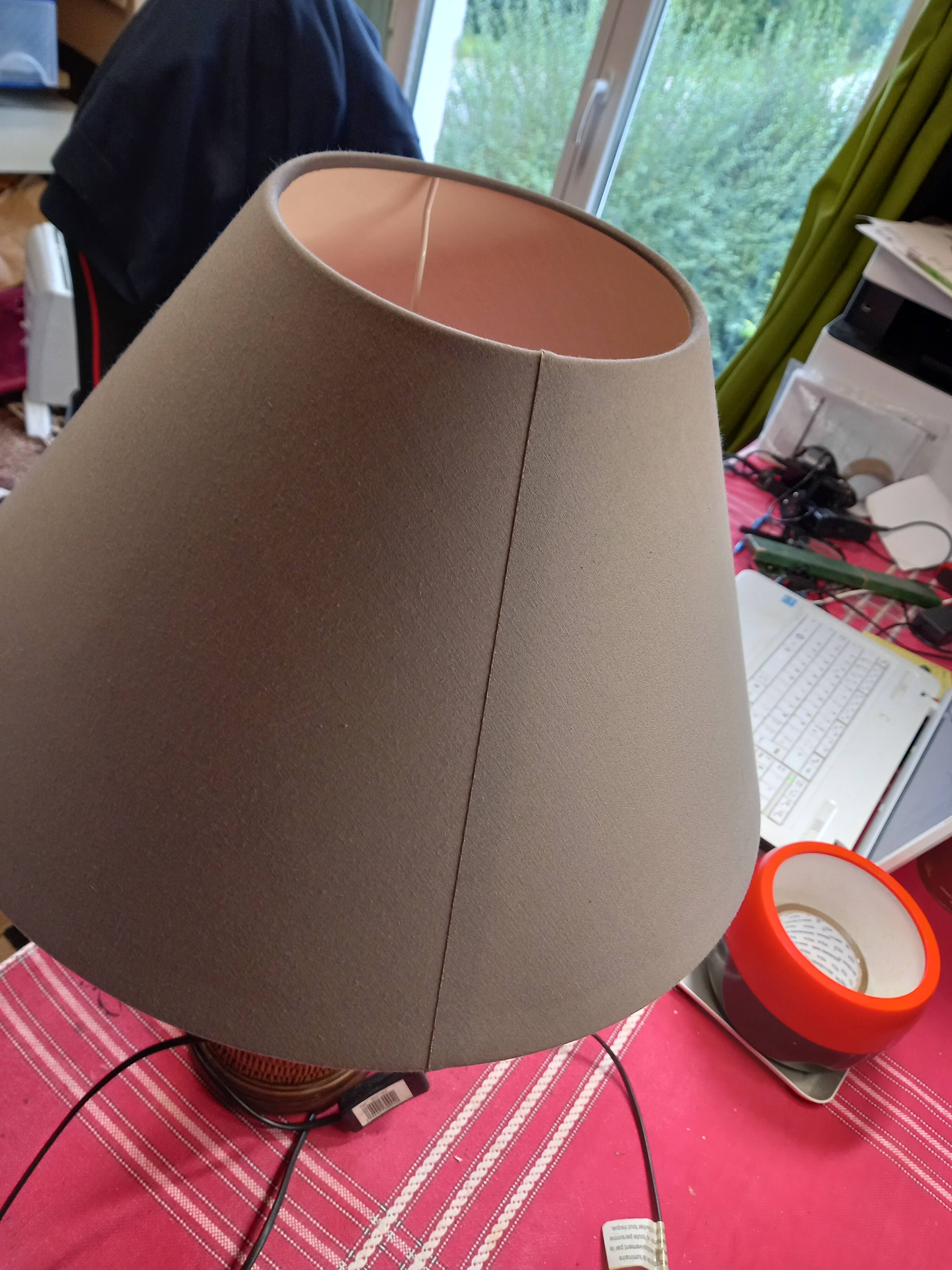 Pretty wicker and wood lamp with gray shade