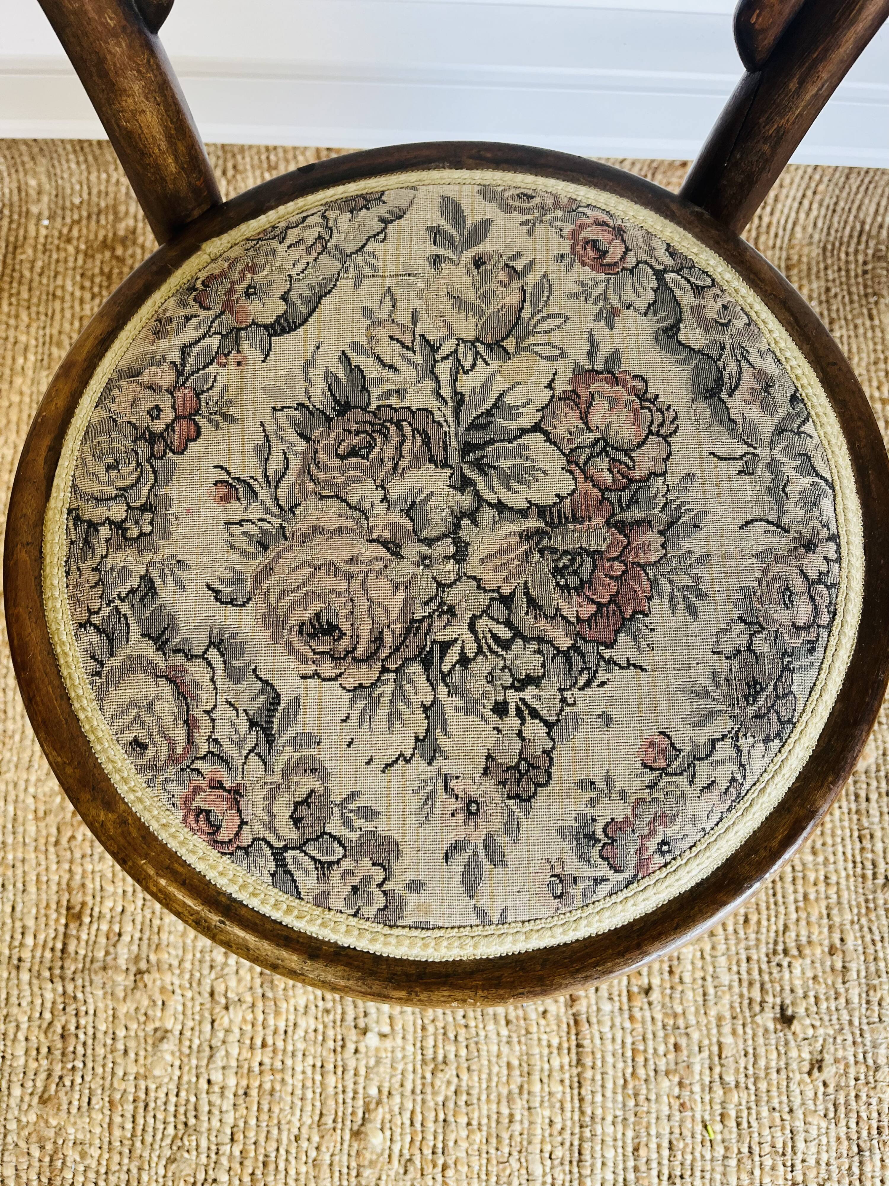 Pair of vintage bistro chairs – bentwood – floral upholstered seat