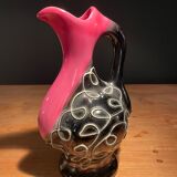 Pretty Vallauris pitcher in black and pink glazed ceramic white reliefs