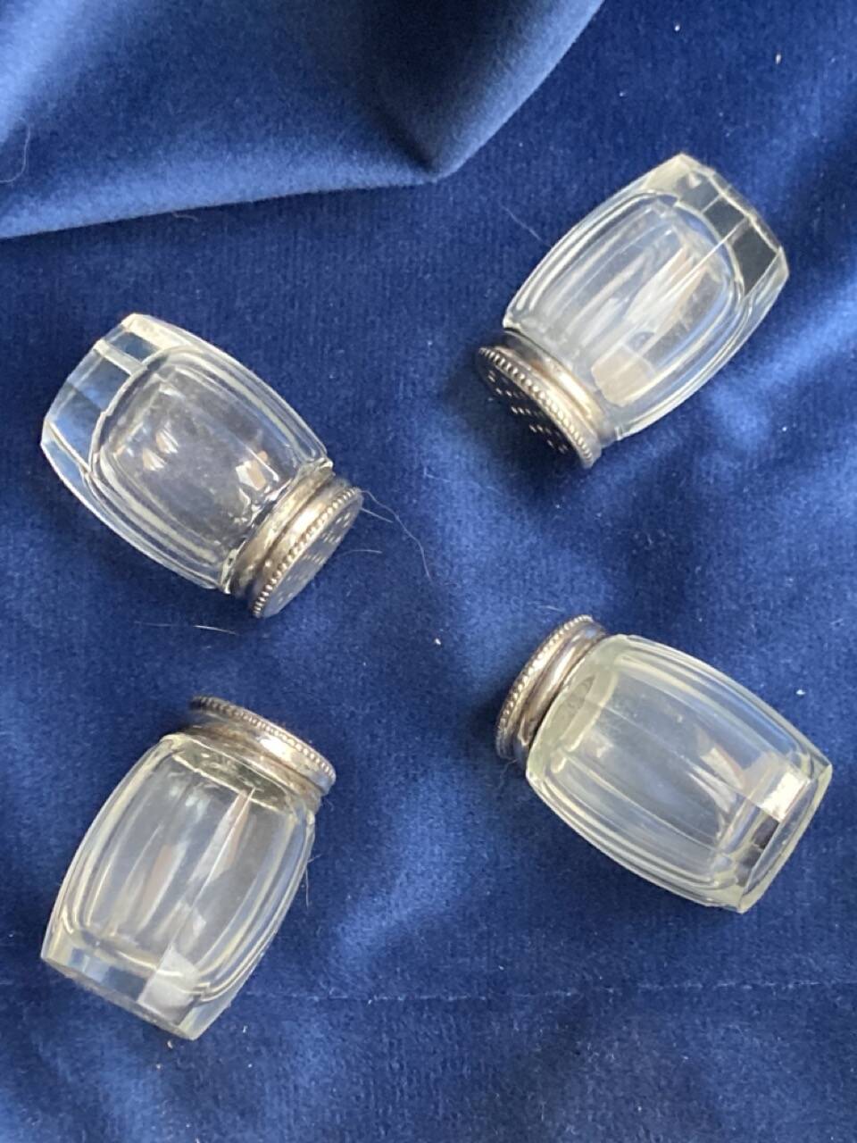 Set of hallmarked silver and fluted domed glass salt/pepper shakers