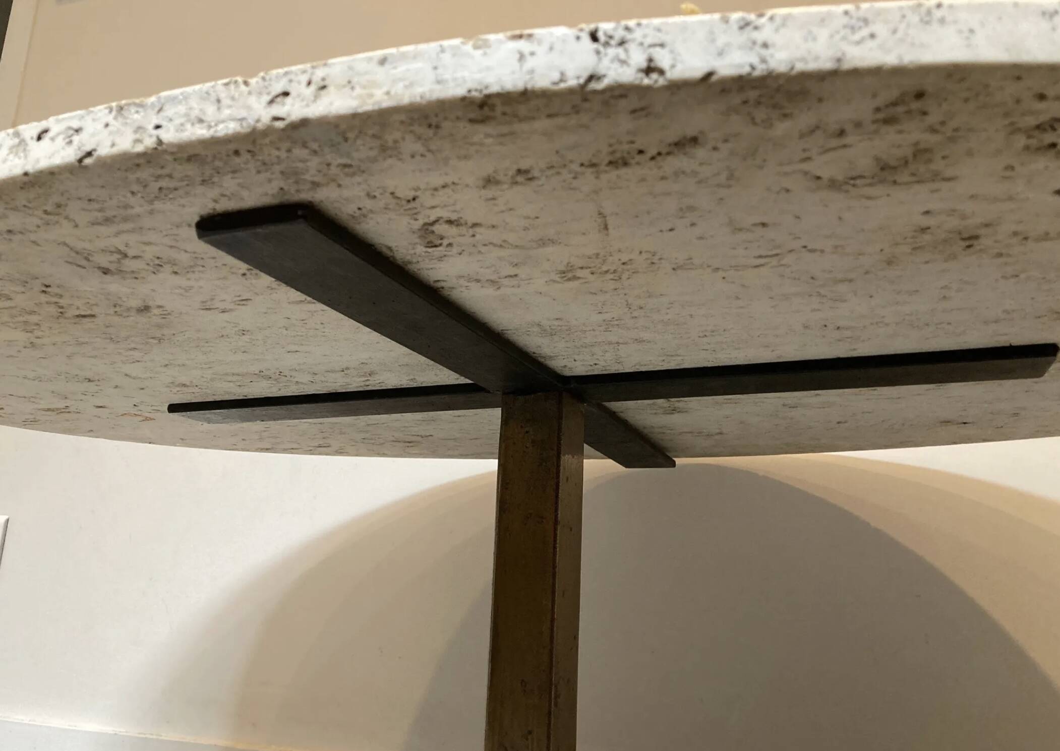 Oval coffee table in the style of Florence Knoll, marble/travertine top, piece.