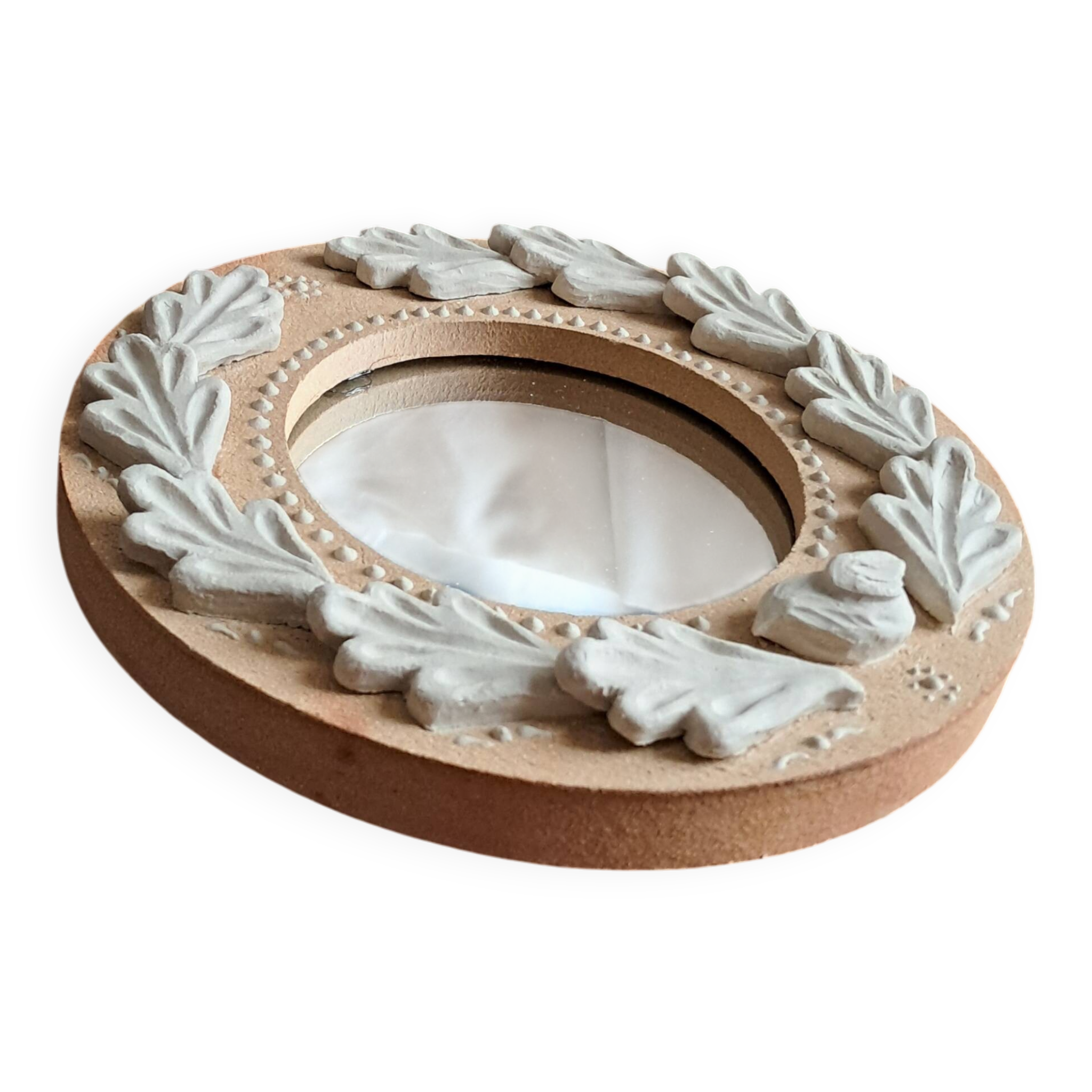 Red and white stoneware mirror, oak leaves