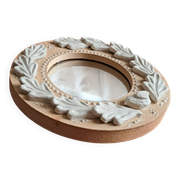 Red and white stoneware mirror, oak leaves