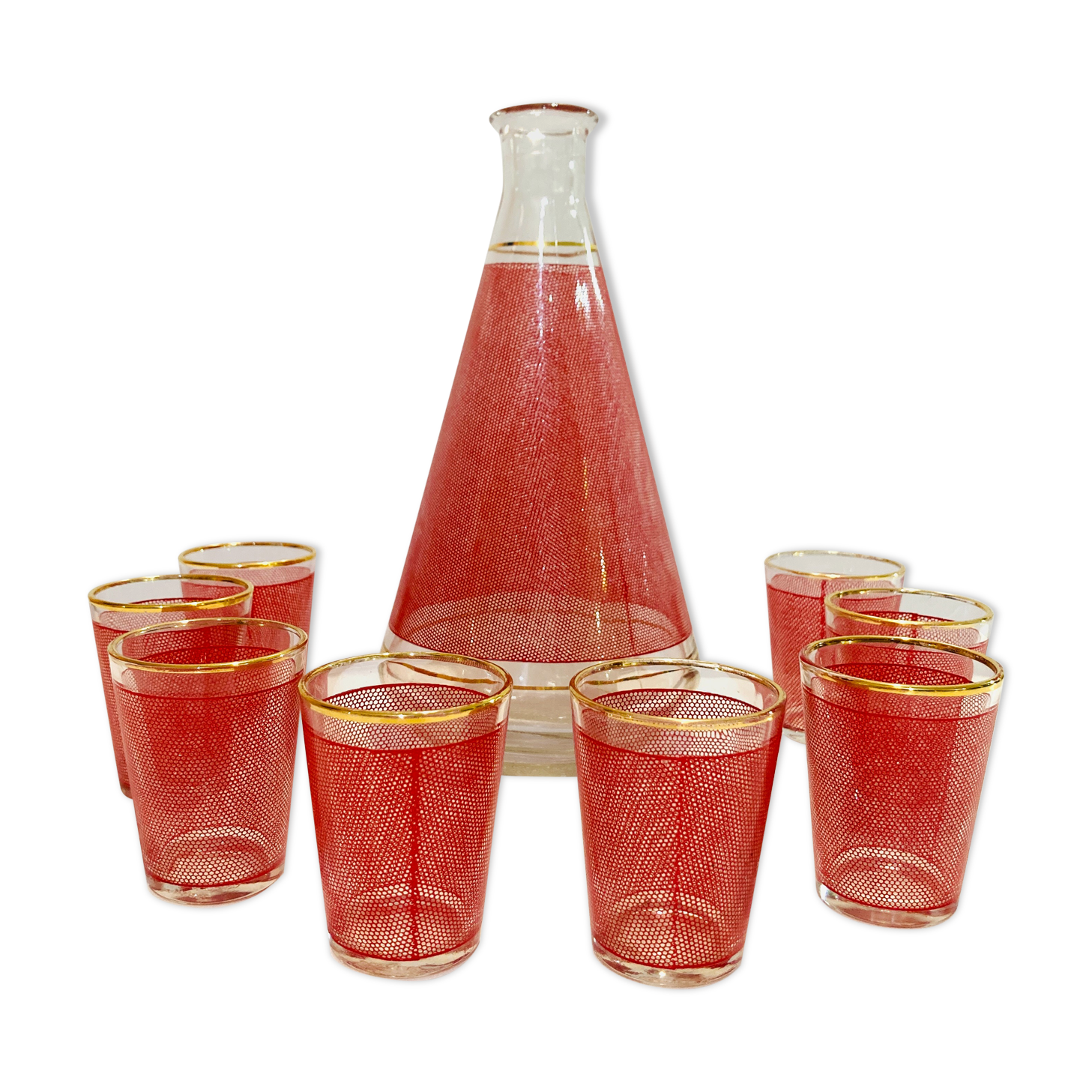 Set red liquor 1 carafe + 8 glasses Bvb France -retro cuisine vintagz