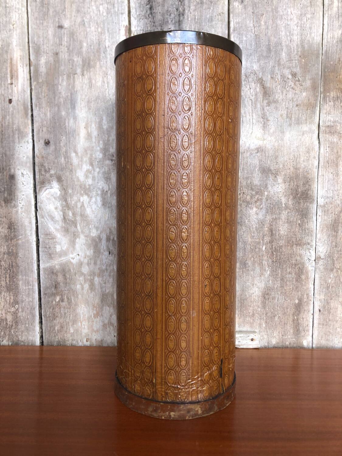 Boiled cardboard umbrella stand + brass strapping + vintage interior tray #a312