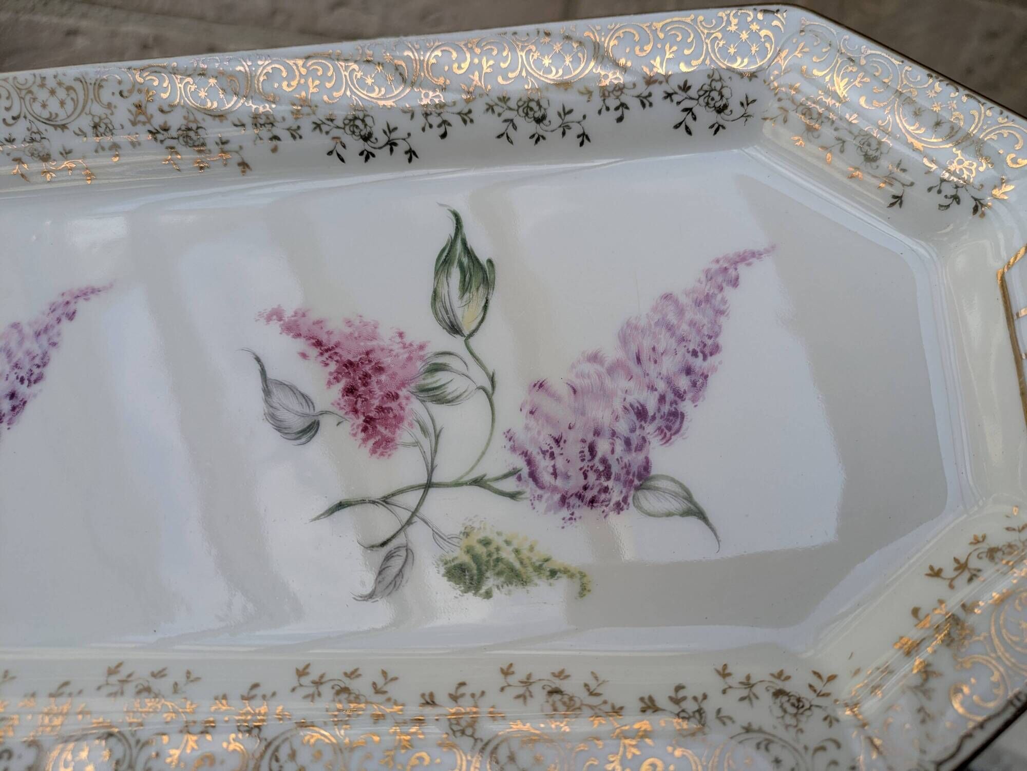 Limoges enamel porcelain cake dish LF with lilac flower decoration.