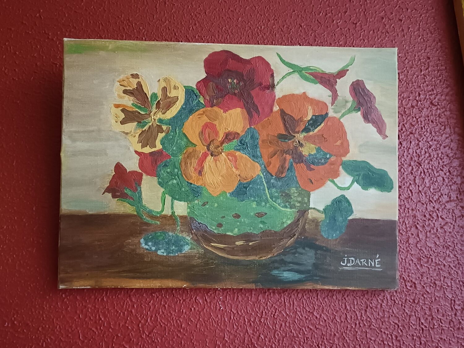 Canvas, cloth, bouquet of flowers, signature