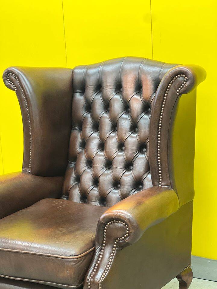 Vintage Brown leather chesterfield wingback armchair