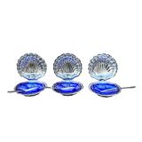 Set of 3 vintage shell butter dishes in stainless steel and cobalt blue glass