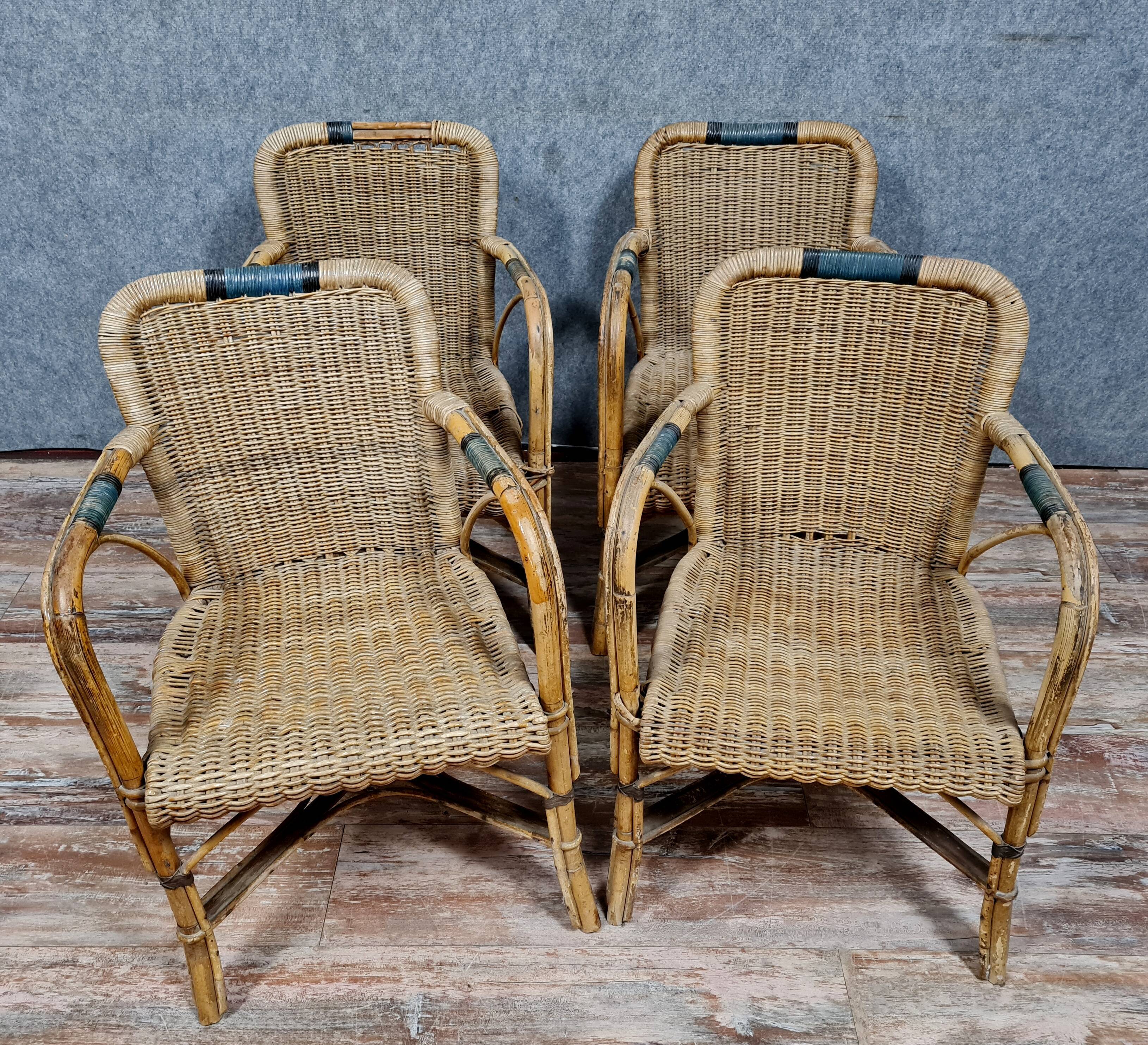 Series of 4 vintage armchairs in rattan and bamboo around 1970