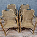 Series of 4 vintage armchairs in rattan and bamboo around 1970