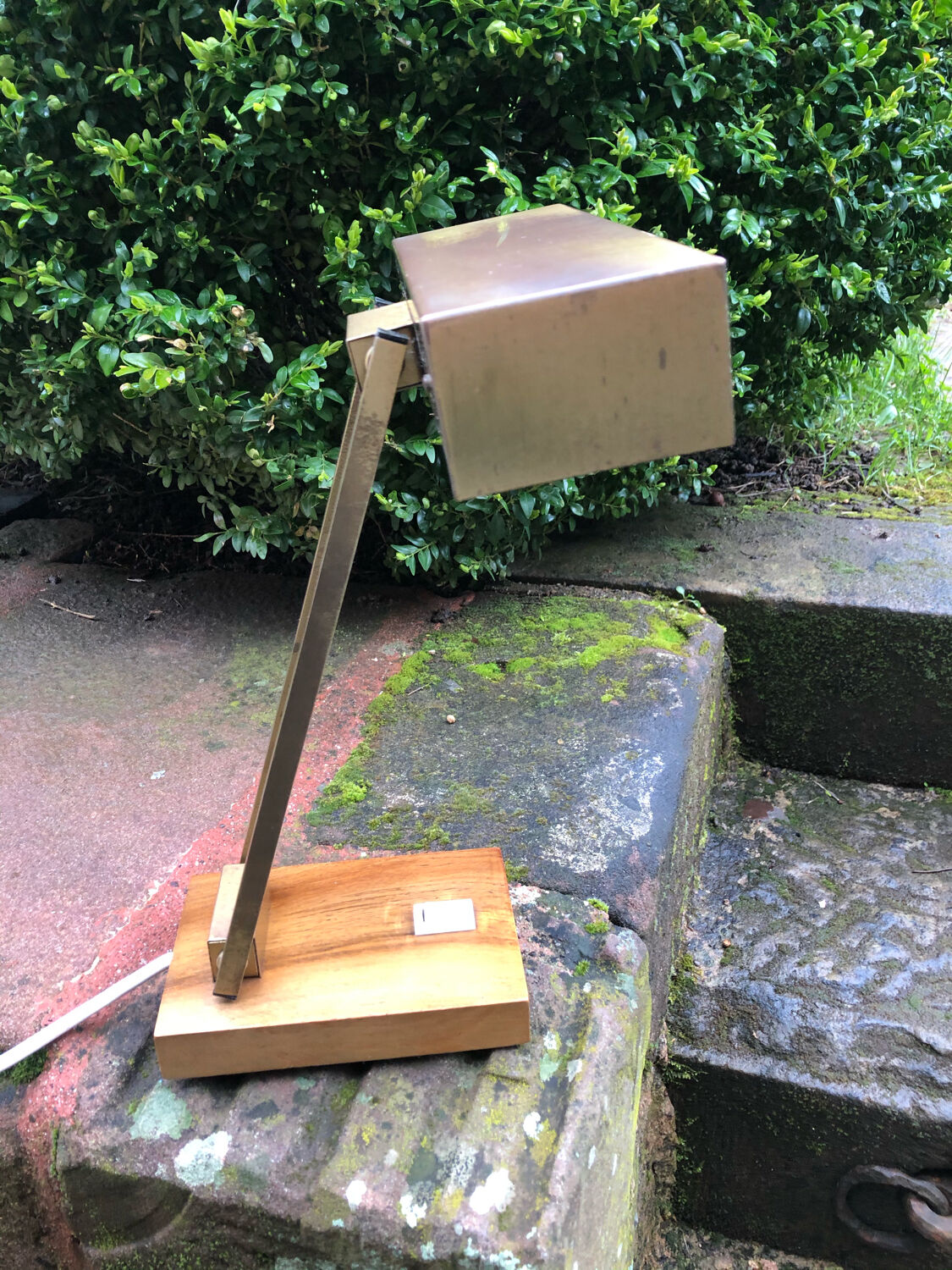Bauhaus desk lamp gilded brass and teak