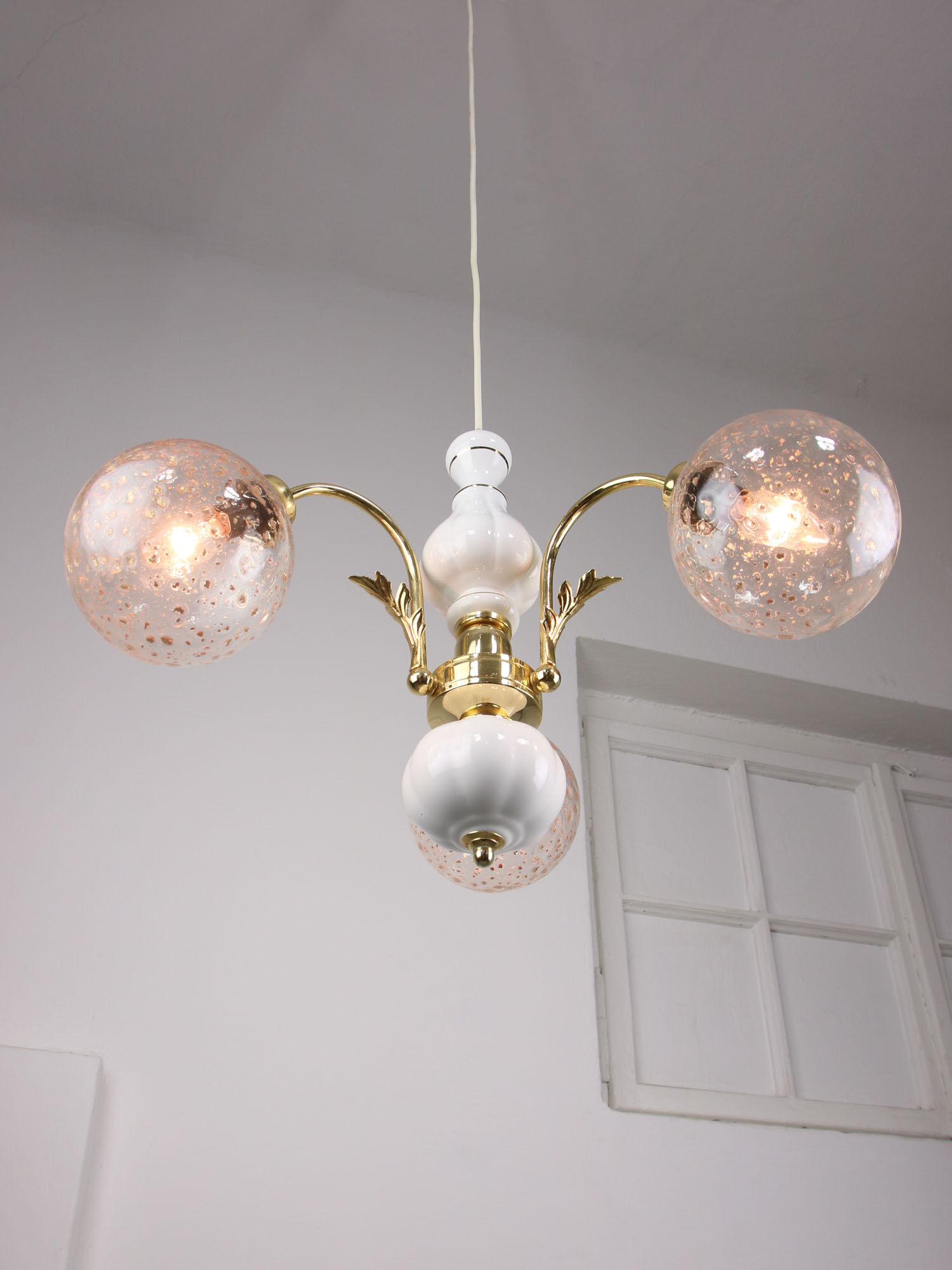 Vintage Italian Golden Ceramic & Glass Chandelier