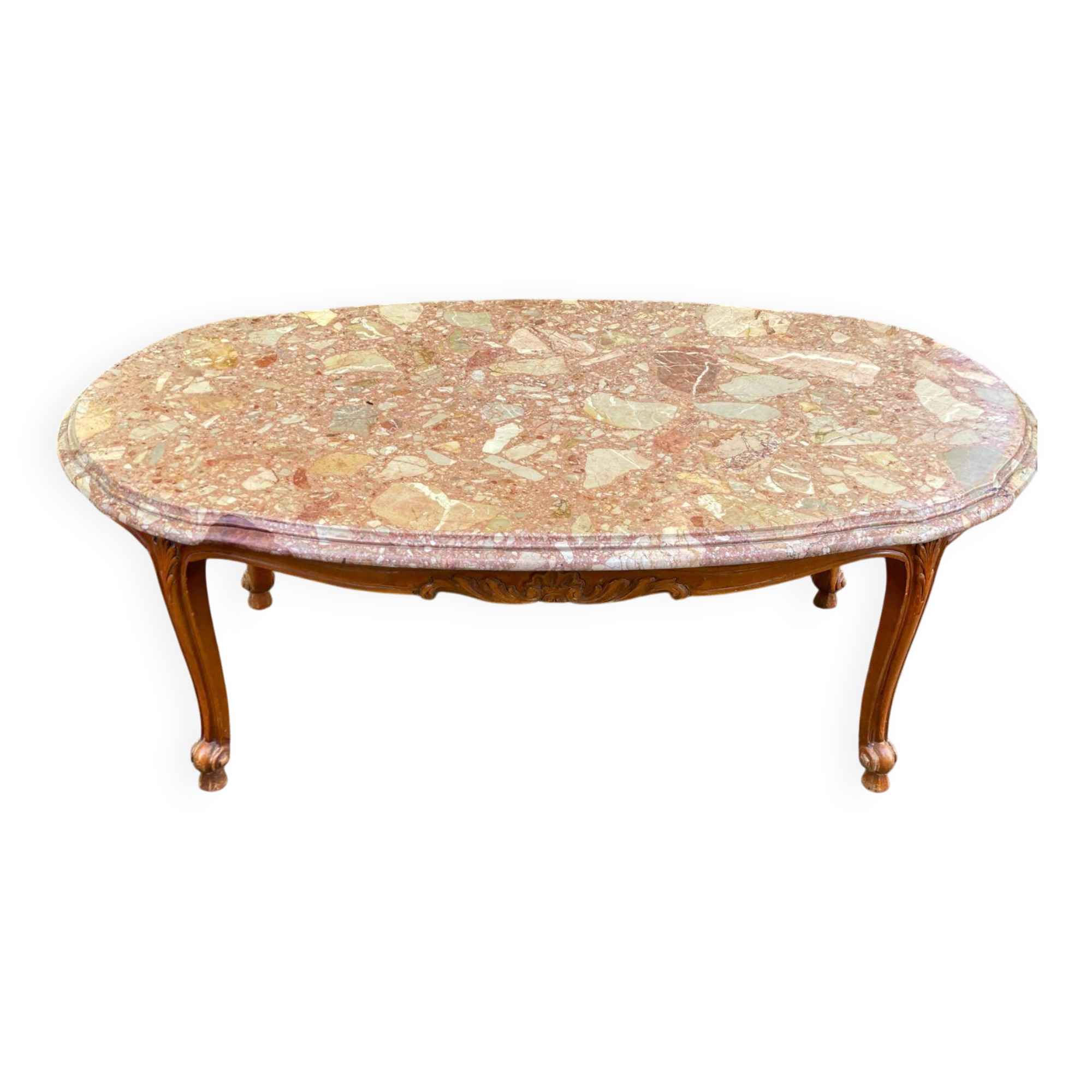 Vintage Louis XV coffee table in solid wood and pink marble.