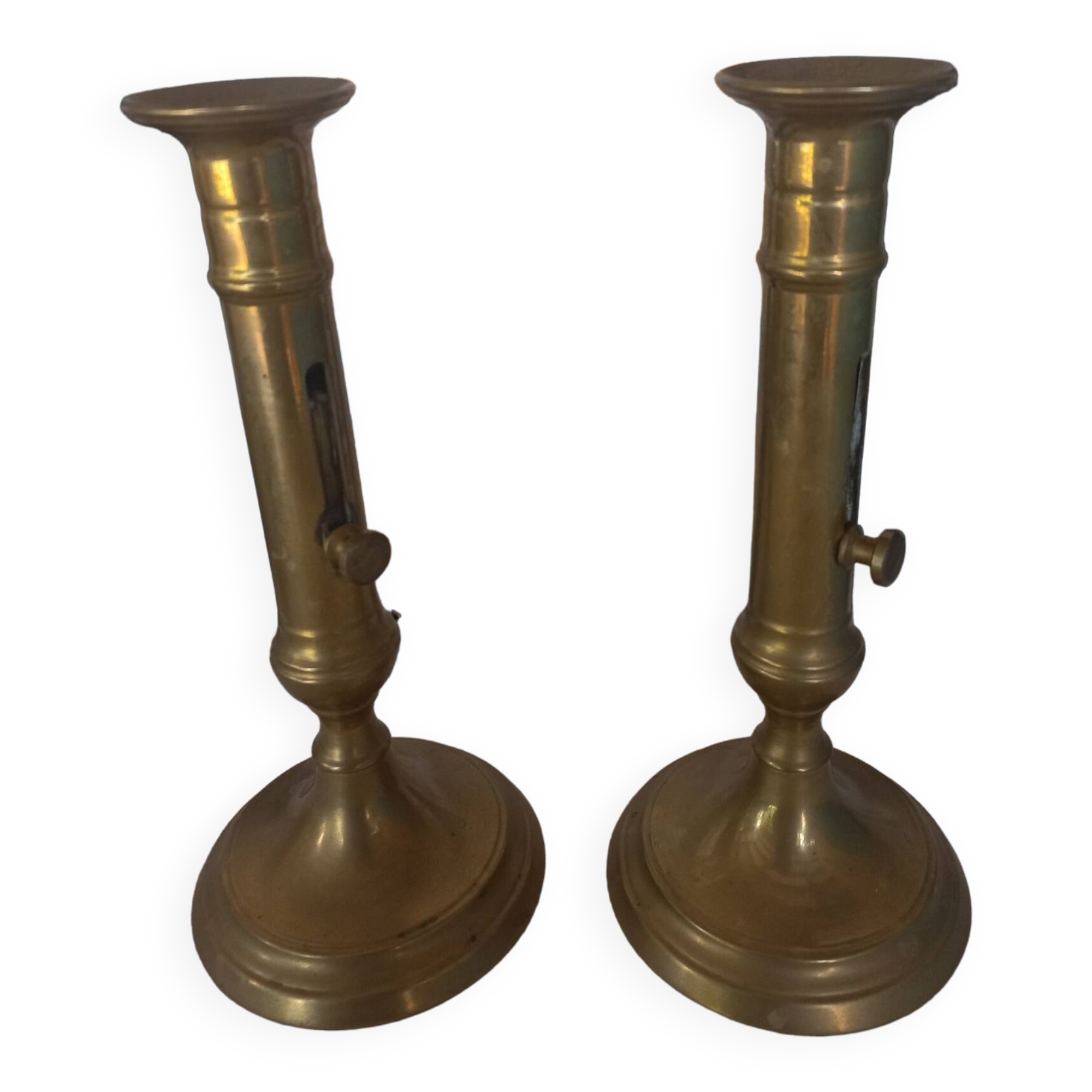 Pair of brass push-button candlesticks