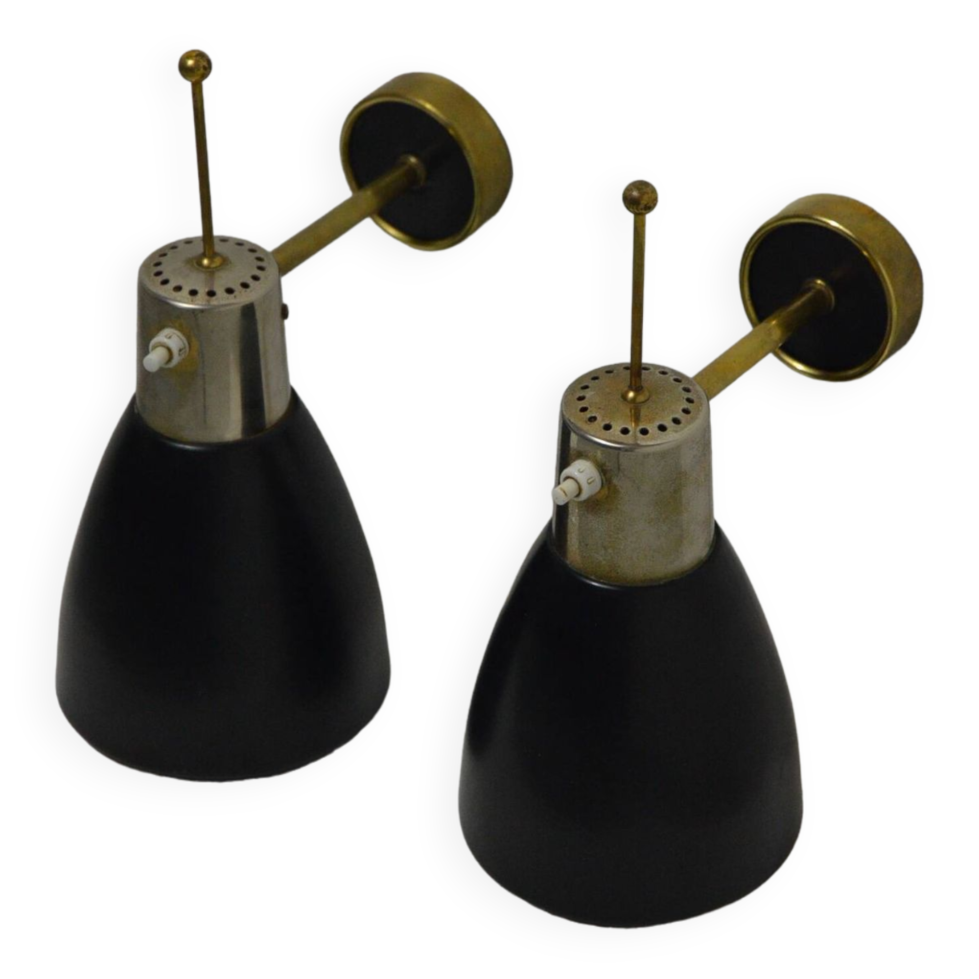 Pair of Monix wall lights in black lacquered metal and brass