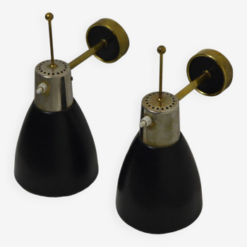 Pair of Monix wall lights in black lacquered metal and brass