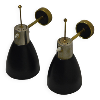 Pair of Monix wall lights in black lacquered metal and brass