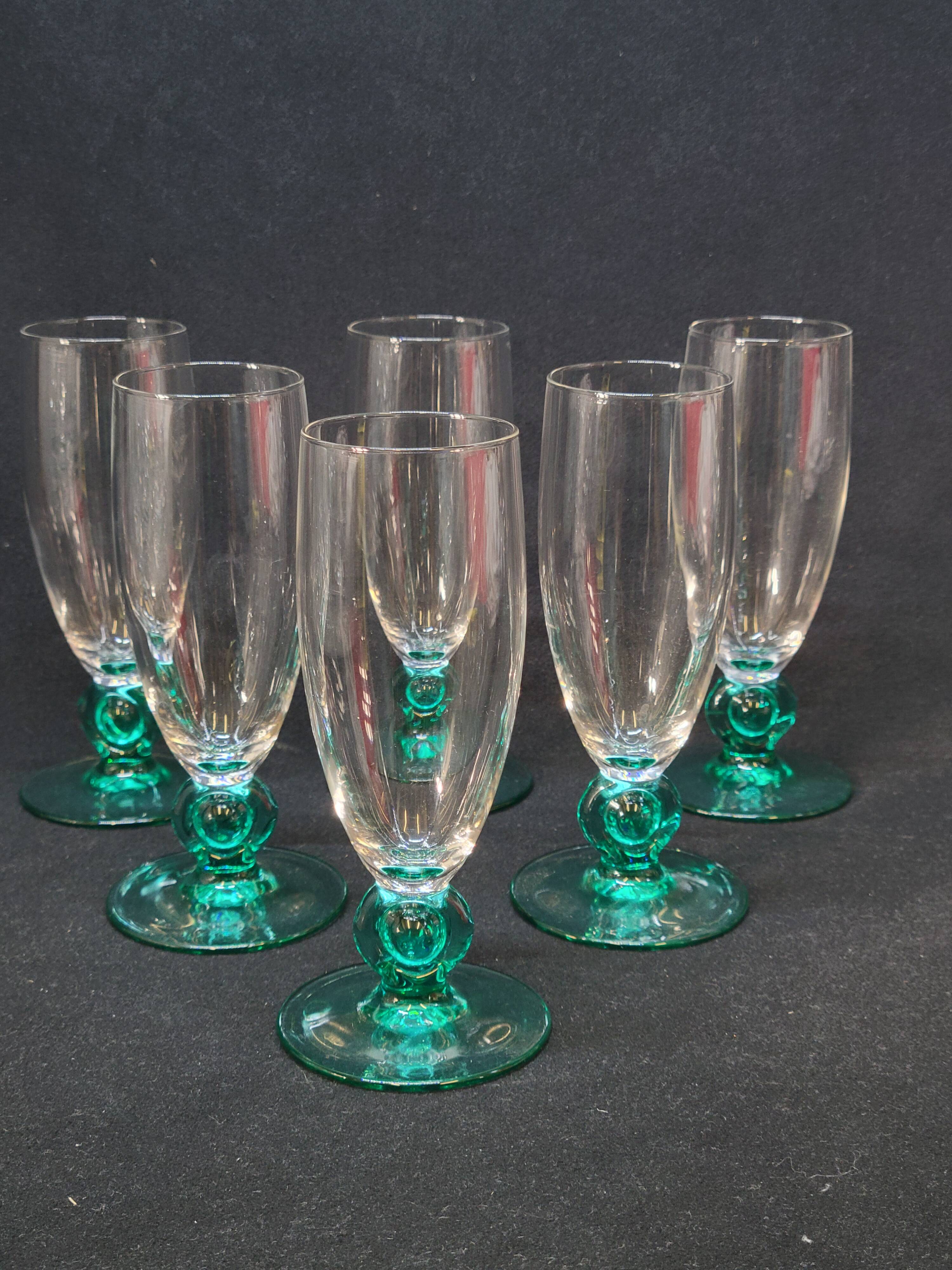 6 Luminarc molière champagne flutes aqua green foot
