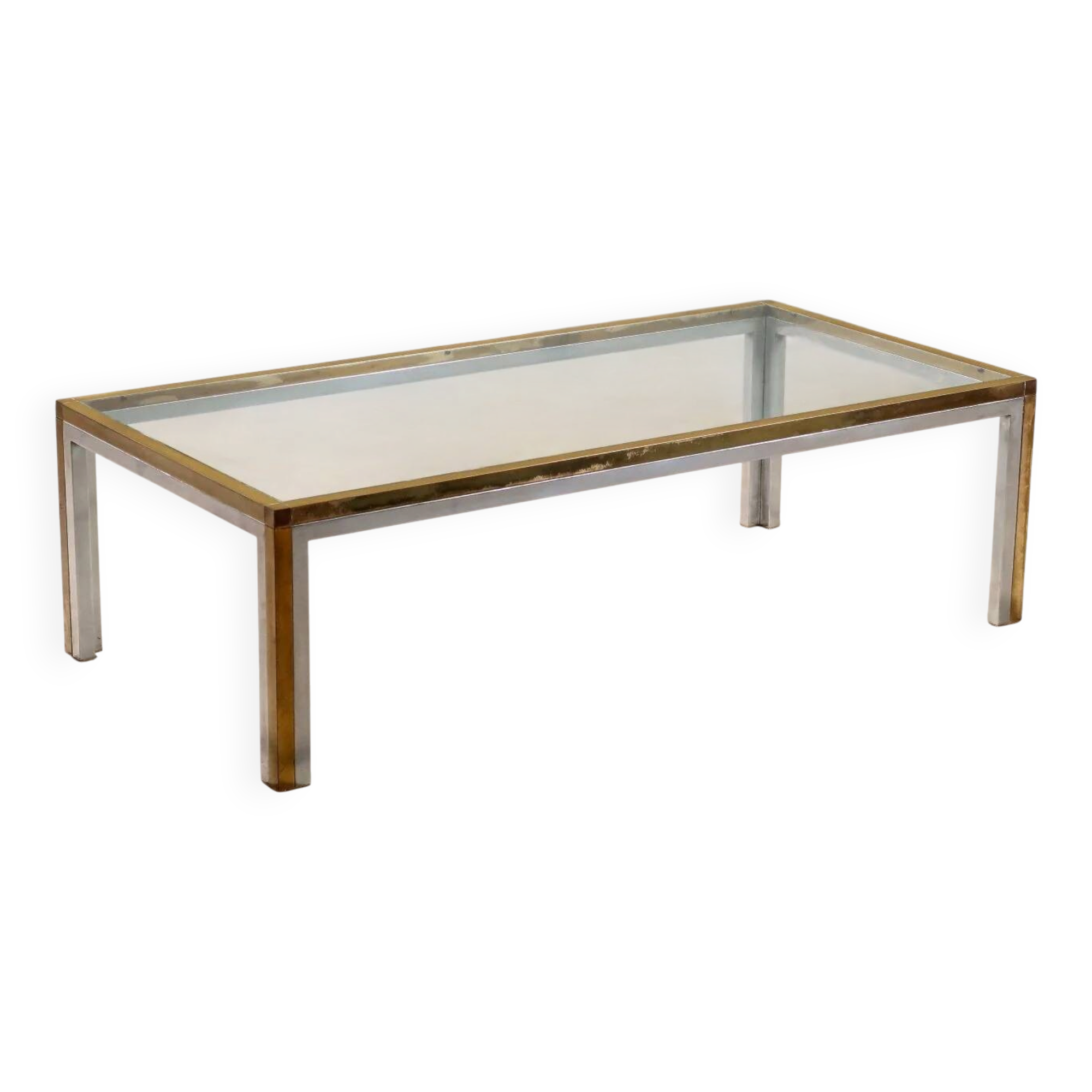 Vintage coffee table in metal, brass and glass, 1970s design.