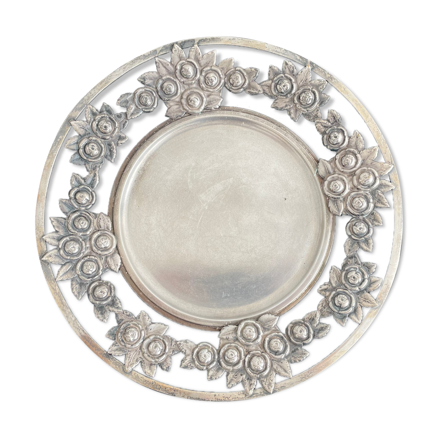 Vintage, round dish, silver metal, stylized leaf and rose decoration, French work, France