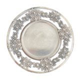 Vintage, round dish, silver metal, stylized leaf and rose decoration, French work, France
