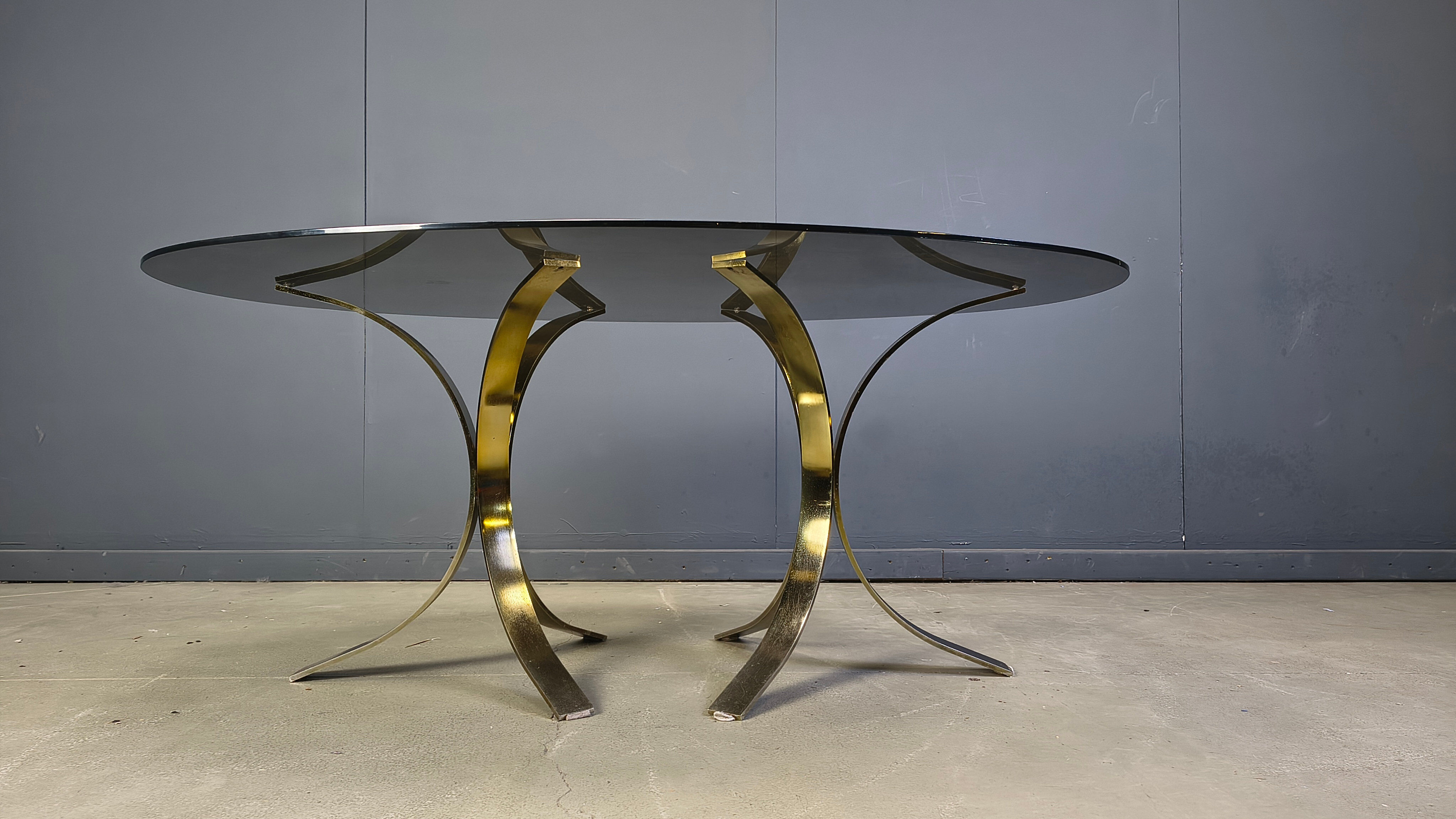 Vintage brass oval glass dining table, 1970s