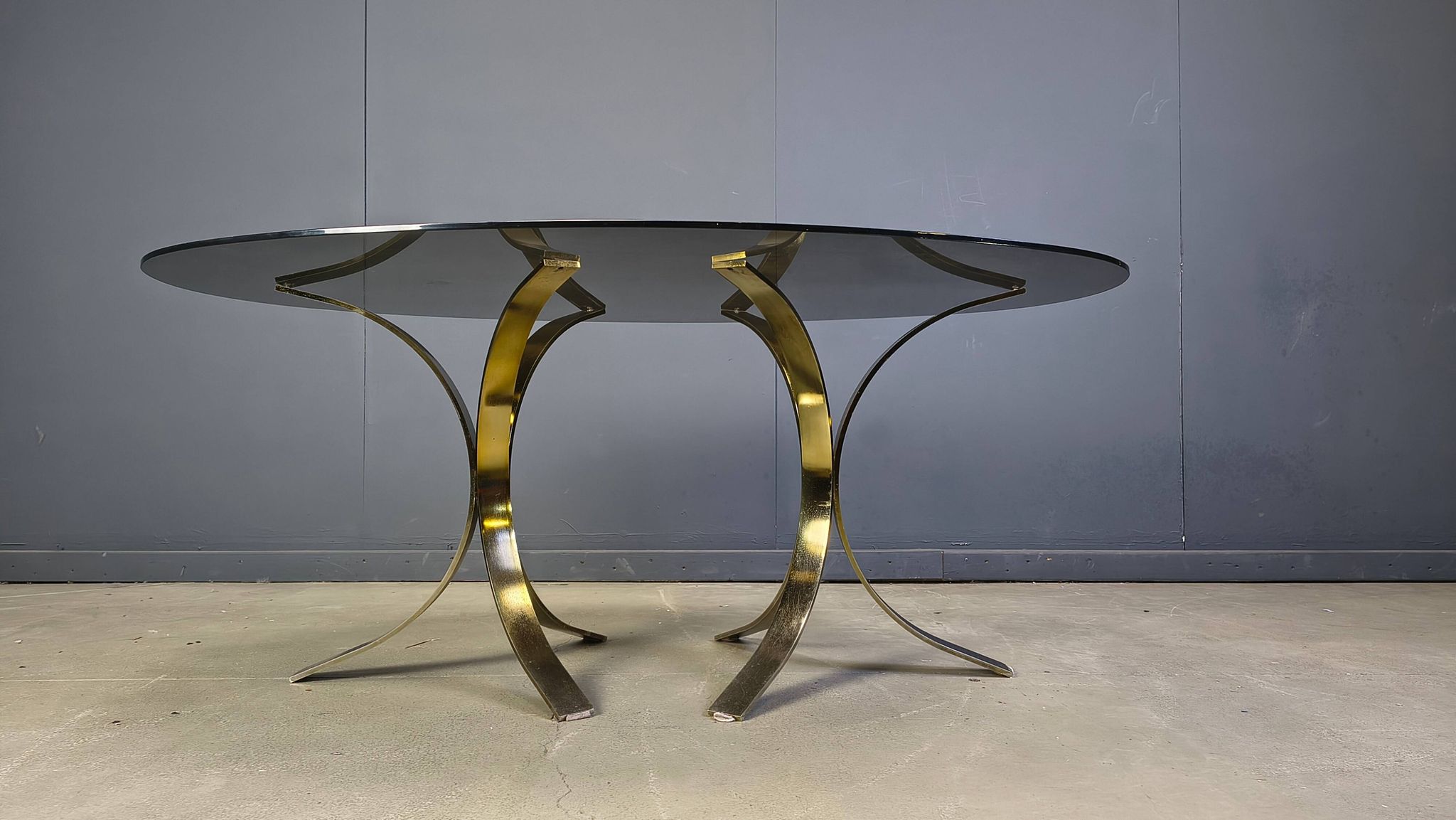 Vintage brass oval glass dining table, 1970s