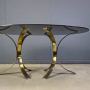 Vintage brass oval glass dining table, 1970s