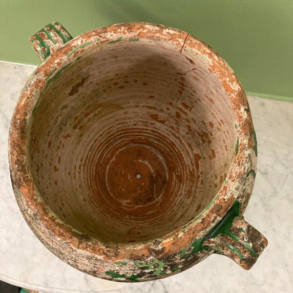Ancien pot à confit 19e. terre cuite vernissée verte