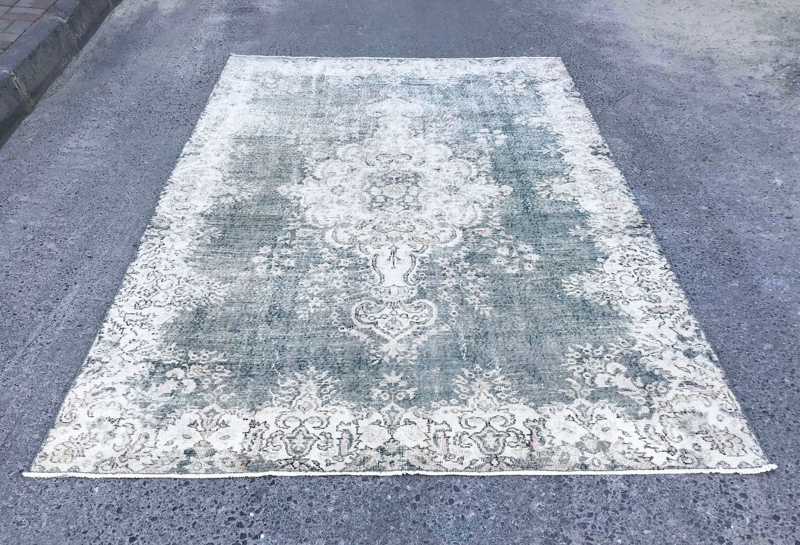 Beige Blue Green Faded oushak Rug