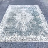 Beige Blue Green Faded oushak Rug