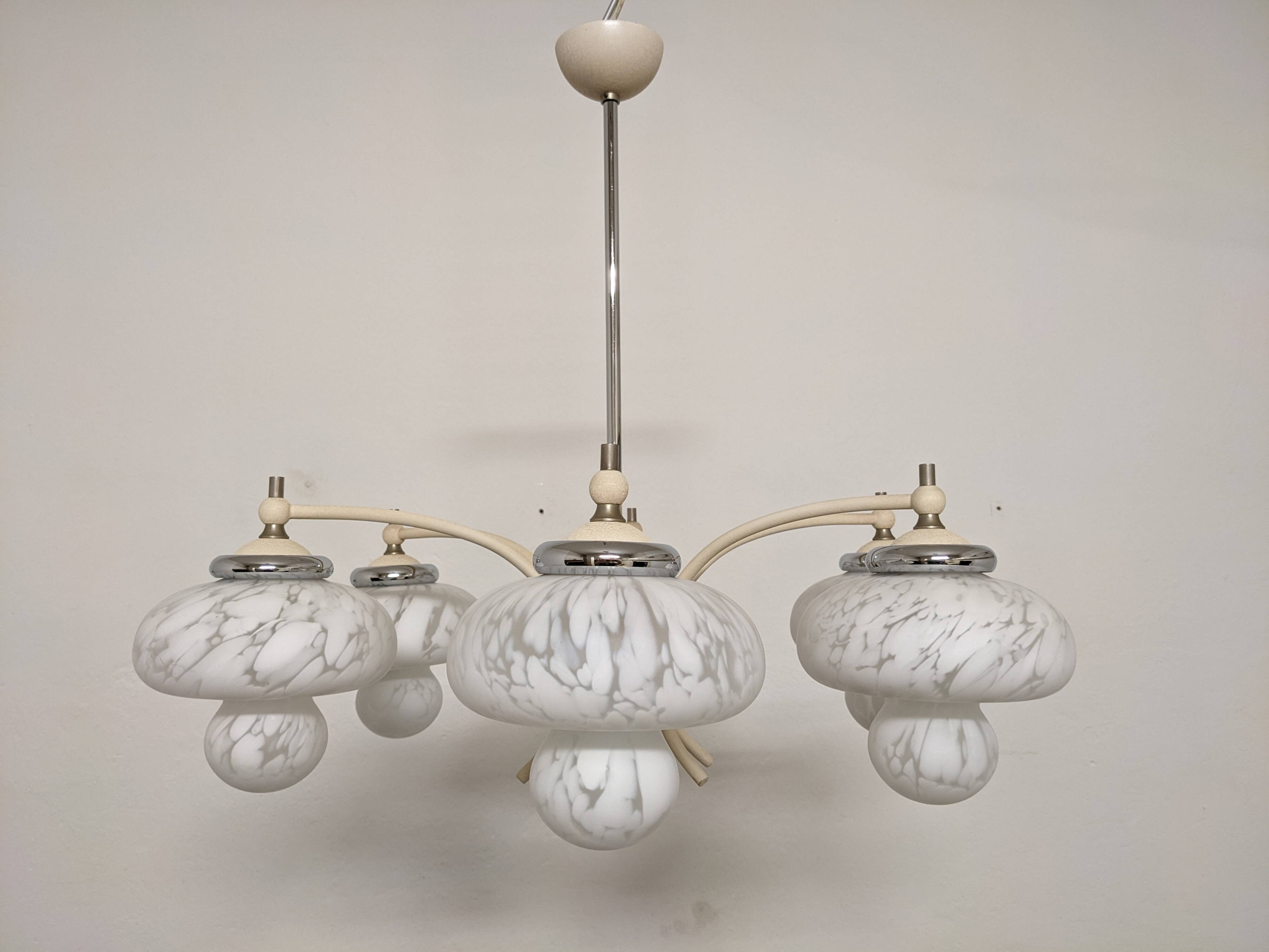 Space Age chandelier with 6 lights in sandblasted glass from the 50s/60s