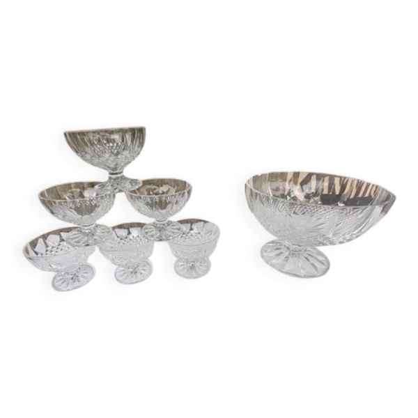 Service de 6 coupes à glace et coupe à fruits en cristal taillé – vintage