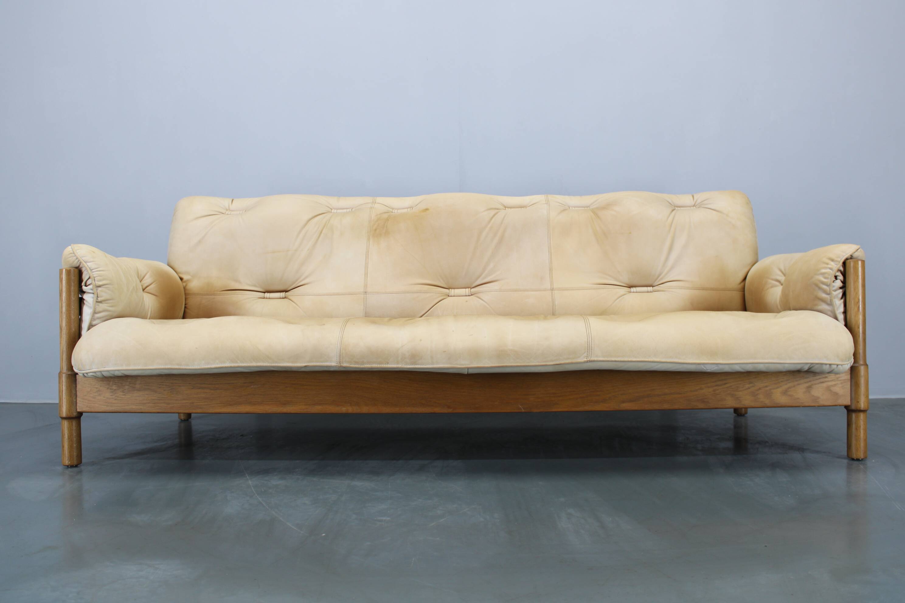 1960s Oak Scandinavian 3-Seater Sofa in Fine Leather Upholstery