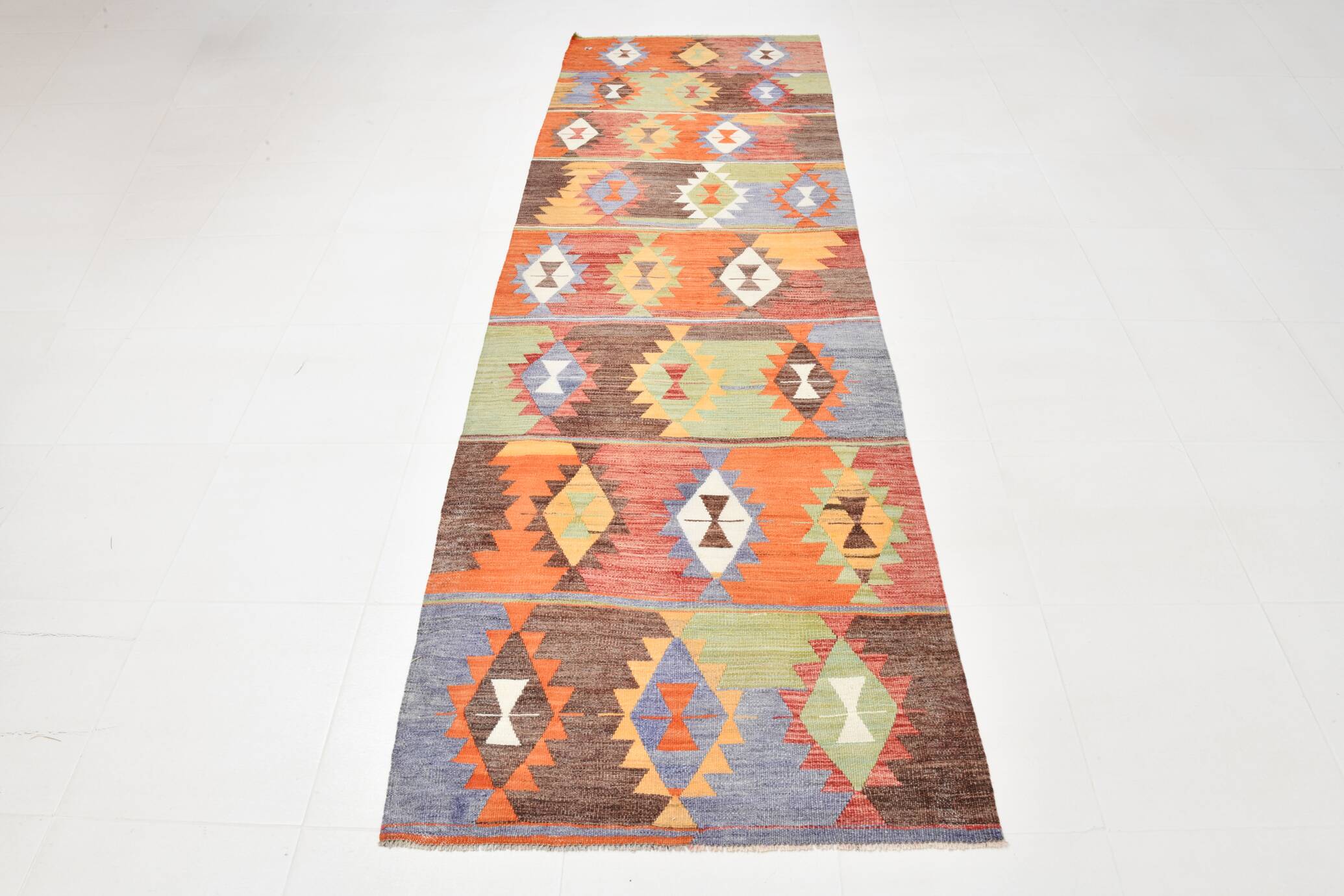 3x10 Geometric Multicolor Turkish Kilim Runner Rug,Rug For Hallway,95x295Cm