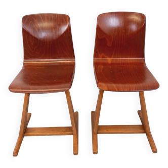 Paire de chaises design vintage ASS Schulmöbel Pagholz Thur-Op-Seat en bois courbé et hêtre