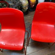 Duo of vintage Grofilex kindergarten children's chairs in red plastic