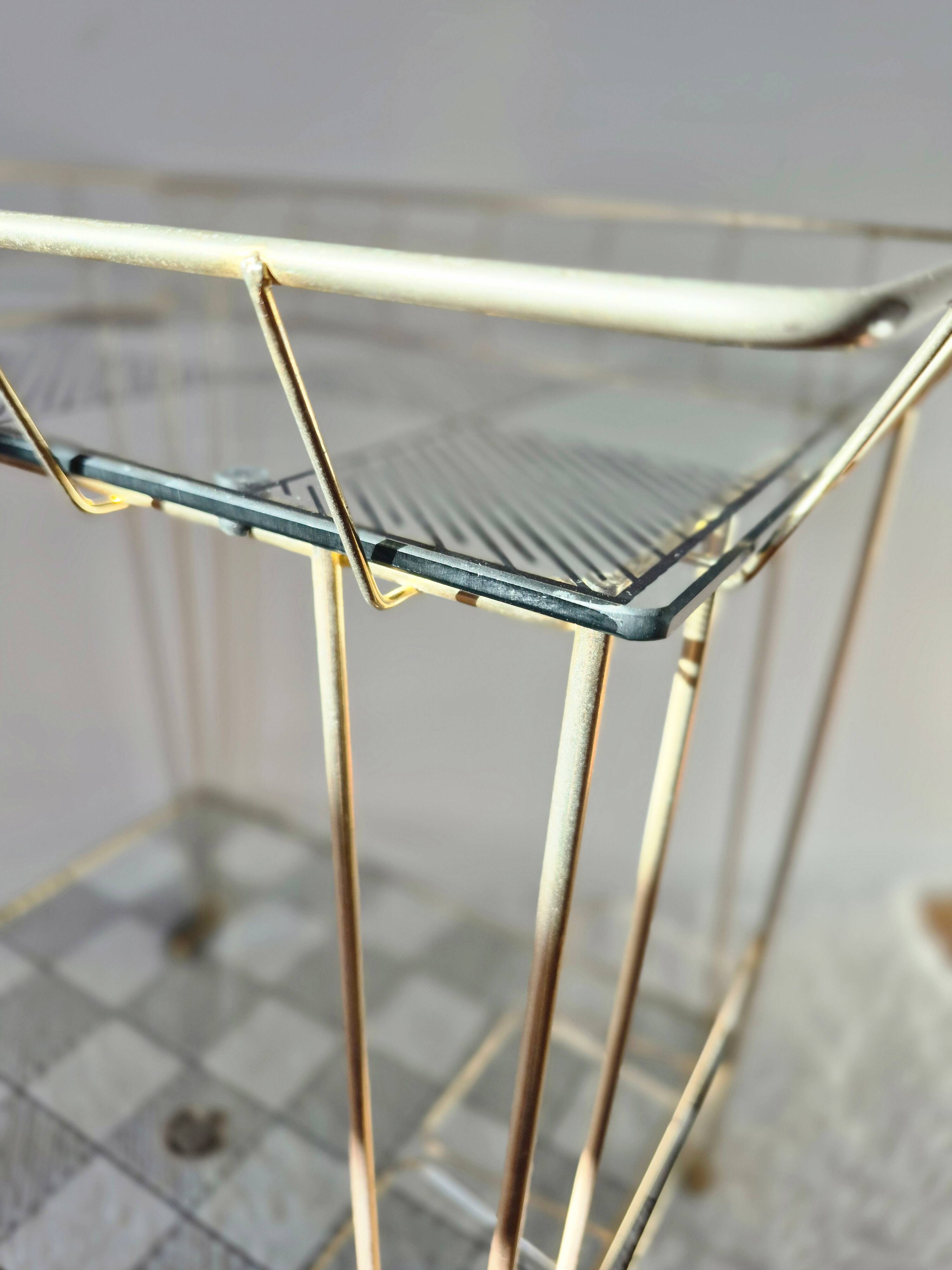 Vintage bar table, side table, glass trays, Eiffel legs.