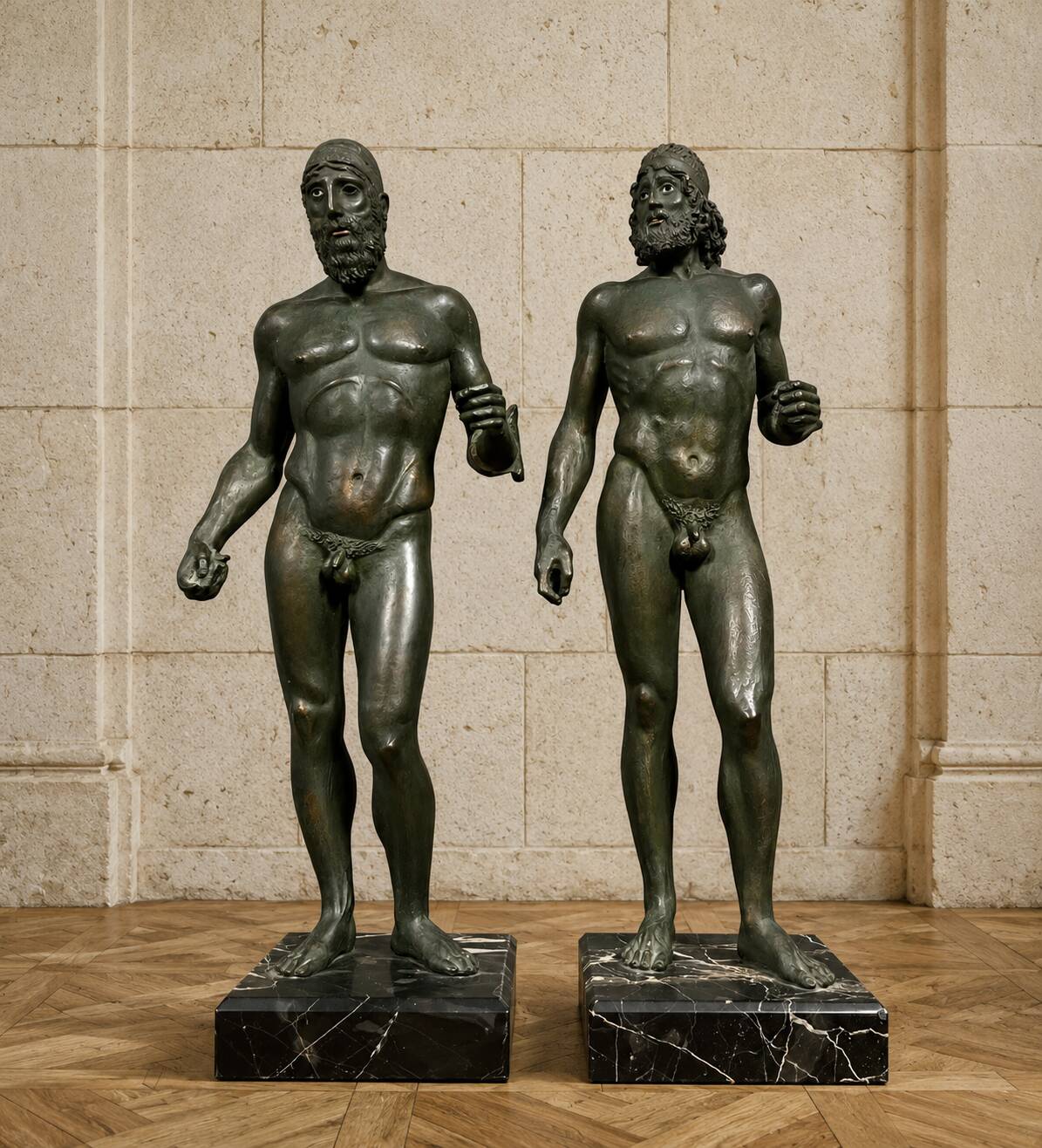 bronze sculptures with a green patina representing the Riace warriors