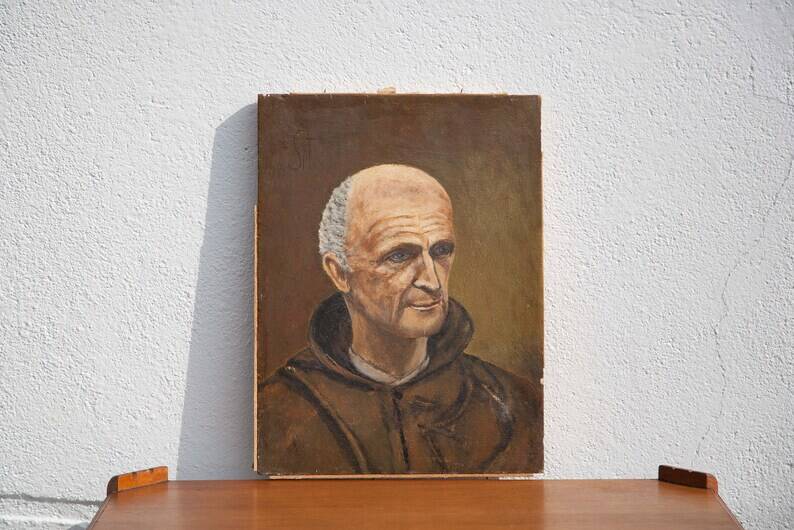 peinture vintage,peinture à l'huile, portrait moine, portrait homme, décoration mural, home decor